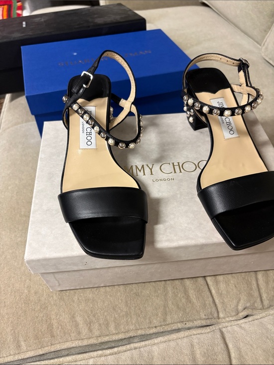 Jimmy Choo Shoes - Jimmy Choo Black Pearl-Stud Ankle Strap Sandals
